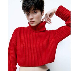 Zara Red Chunky Ribbed Cropped Turtleneck Sweater S (Oversized)